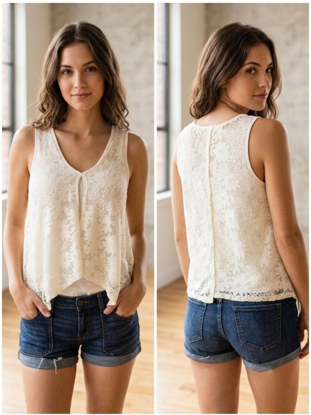 Green Envelope Cream Floral Lace Sleeveless Boho Top Size S